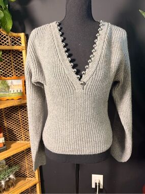 H&M Gray Ribbed V-Neck Sweater with Metallic Bead Trim